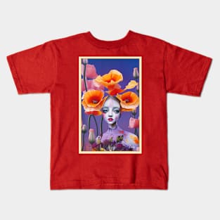 Floral art deco poppy flower painting of a girl in the Pop Surrealism style Kids T-Shirt